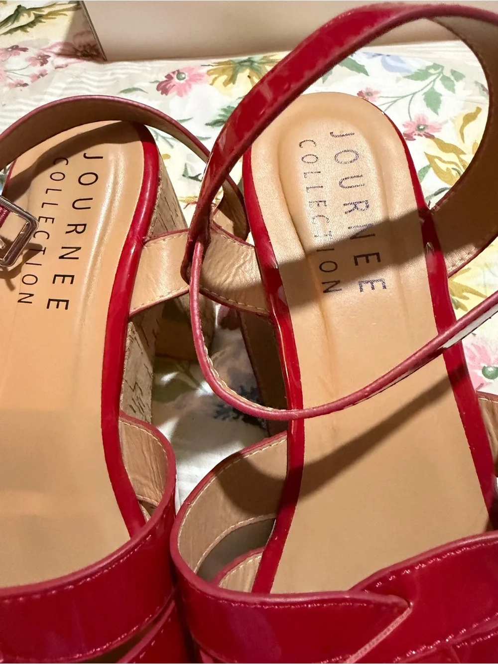 Journee Collection Red Patent Cork Platform Wedge Sandals